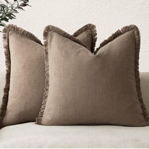 Set of 2 Decorative Linen Fringe Throw Pillow Covers 22×22 Inch, Light Brown